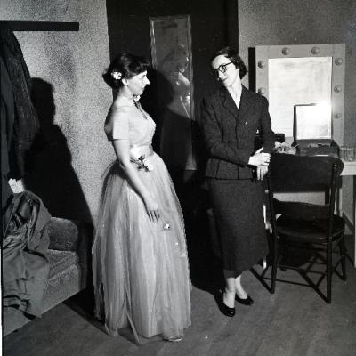 Black and white photograph of two actresses on the set of Country Girl, courtesy of the University of Akron's Archives and Special Collections.