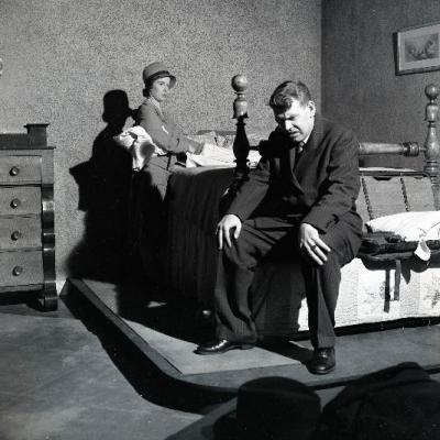 Black and white photograph of the actors on the set of Fourposter, courtesy of the University of Akron's Archives and Special Collections