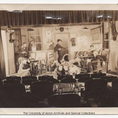 Sepia photograph of the stage and some of the cast of Petrified Forest, courtesy of the Univeristy of Akron Archives and Special Collections.